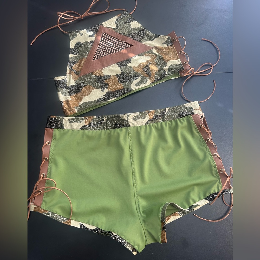 Camo Adjustable Two-Piece Festival Dance Wrestling Gear Set S/M New Handmade